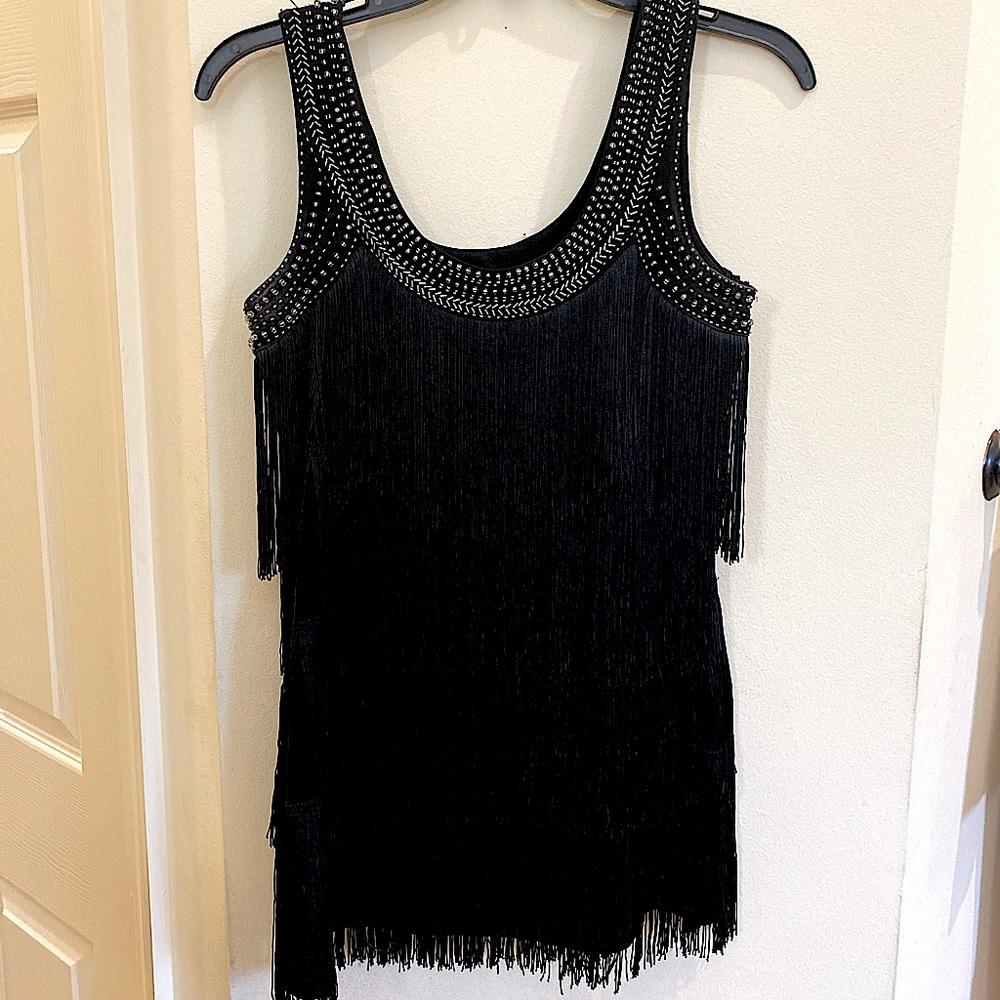 Cache Black fringe dressy sleeveless top with metal beading
